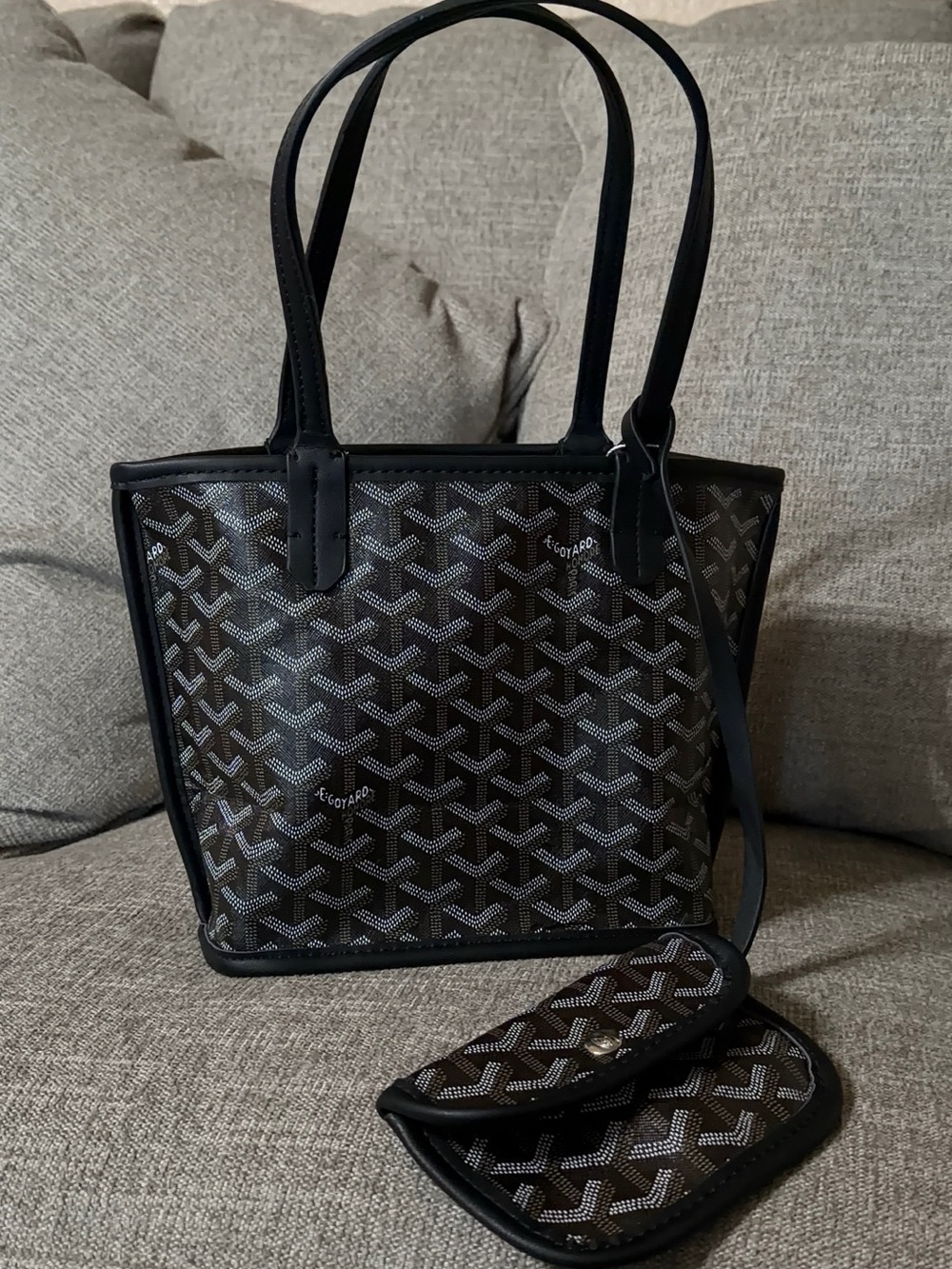 Goyard Style Black Coated Canvas Tote with Pouch - Women's Bag